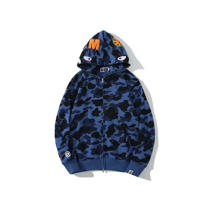 Trendy Shark Camouflage Zippered Hoodie for Men and Women-blue