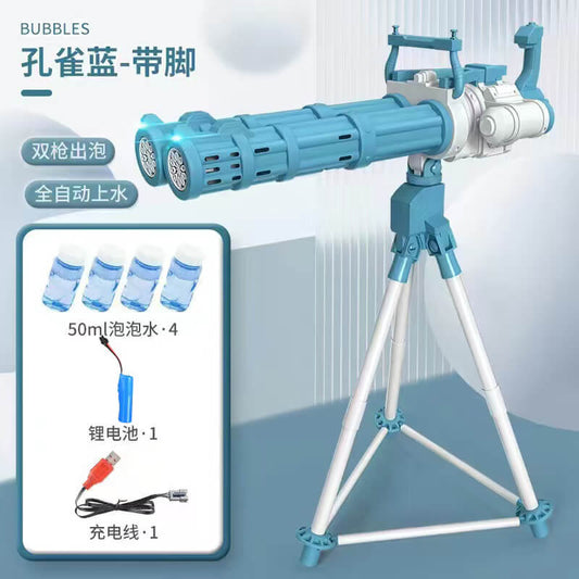 Automatic Bubble Gun Rocket Double Tube Bubbles Machine Outdoor Blowing Bubble Toys for Kids Water Pomperos Childrens Day Gifts - blue with bracket