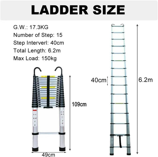 Telescopic Ladder 6.2M_20.3FT W_Detachable Hooks&Extendable Steps