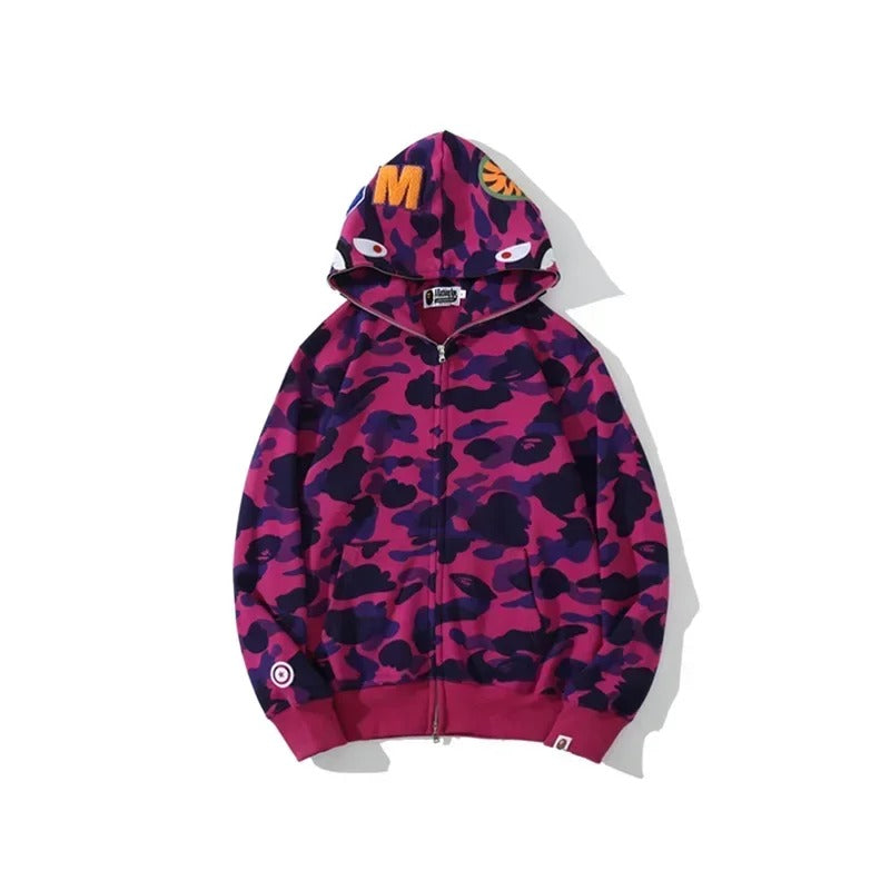 Trendy Shark Camouflage Zippered Hoodie for Men and Women-purple